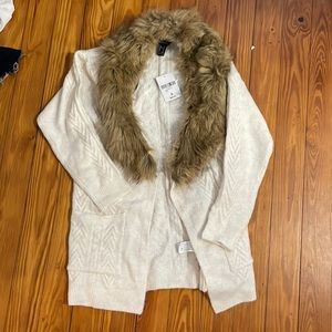 Forever 21 cream cardigan with fur collar